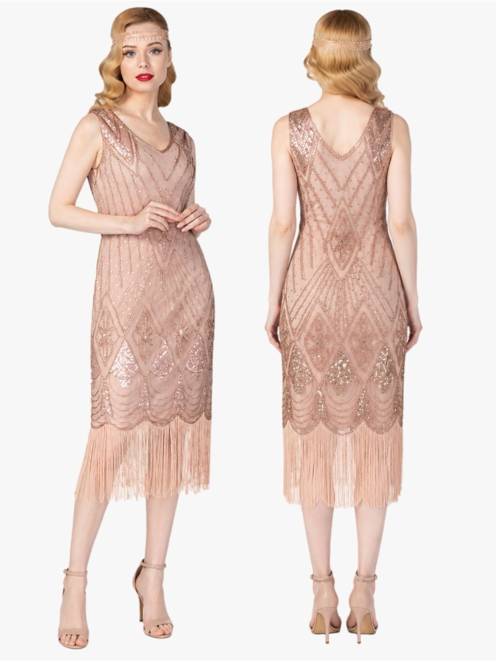 NWT PrettyGuide Small Rose Gold Sequin Beaded Fringe Flapper Gatsby Party Dress